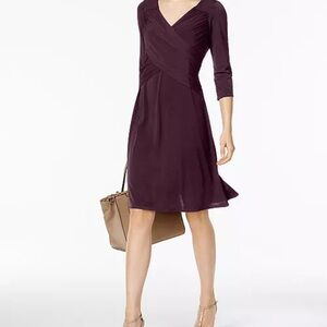 NWT NY Collection B-Slim Petite Dress 3/4 Sleeve Brown Plum Wrap Style Macy’s
